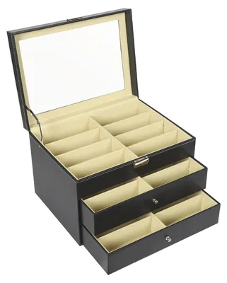 Image de Boîte de rangement pour lunettes - Coffret à bijoux et lunettes - 3 niveaux - 24 compartiments - Couvercle en verre - 34 x 25 x 19 cm - Noir