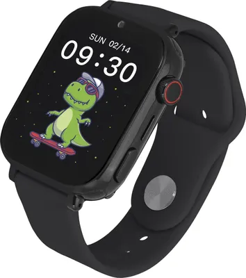 A smartwatch with a cartoon dinosaur on the screen, displayed against a black background.