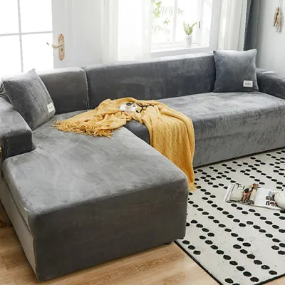 Produktbild von Sofabezug Ecksofa L-Form Stretch-Plüschsofabezug Universal-Couchbezug für 1/2/3/4-Sitzer - 3-Sitzer, Dunkelgrau (L-förmiges Ecksofa benötigt zwei Bezüge)
