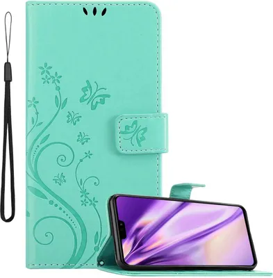 A turquoise flip phone case with a floral and butterfly design is shown open, with a smartphone inside, set against a white background.