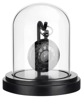 Productafbeelding van Zwarte glazen displaykast – met houten voetstuk en metalen haakjes – voor zakhorloges en medailles – 7,6 x 10,5 cm