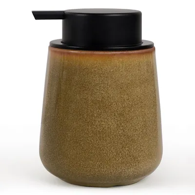 Productafbeelding van Keramische zeepdispenser – 350 ml. Zeepdispenser voor de keuken met een grote pompkop, navulbare porseleinen zeepdispenser voor badkamer en keuken – bruinbeige vloeibare zeepdispenser