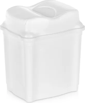 A white plastic trash can with a lid.