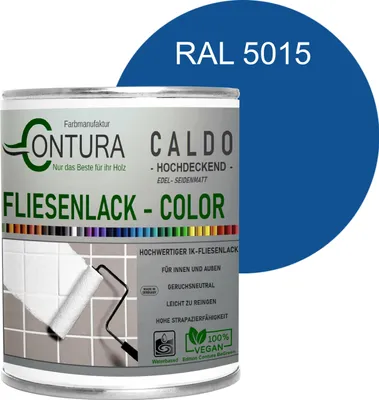Produktbild von Fliesenlack 750ml. Fliesenfarbe 20 Farben Lack Fliesen Wand Boden Bad Küche - RAL 5015 Himmelblau