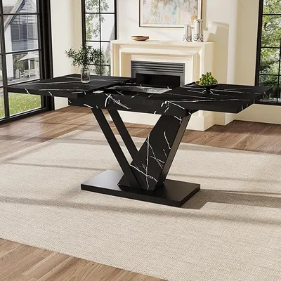 Imagen del producto de Mesa extensible (120-160 x 75 cm), mesa, mesa de comedor, mesa extensible. Se puede extender de 120 a 160 cm gracias a las placas extensibles integradas. Ideal para cocina y salón. Mesa de comedor con superficie de mármol