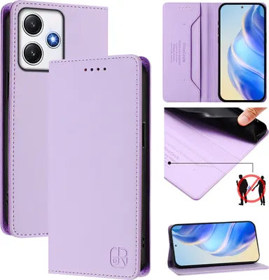 Image de Etui en cuir pour Xiaomi Poco M6 Pro 5G/Redmi 12 4G, étui à rabat avec fentes pour cartes, portefeuille et support Violet