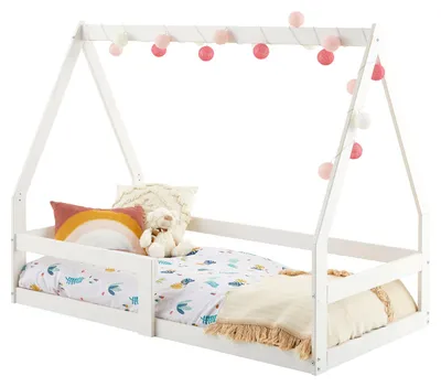Produktbild von Hausbett TAMI Kinderbett in Hausform, 70 x 140 cm, weiß, Kiefernholz Kinderbett mit Rausfallschutz, ideal zum Schlafen und Spielen, Bodenbett, Montessori