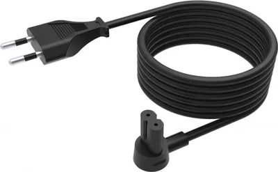 A black power cord with a European plug on one end and a two-pin connector on the other, coiled on a white background.