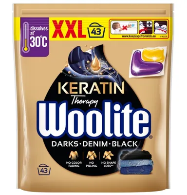 Produktbild von 015306 Woolite Kapseln Schwarz, Dunkle Farben & Jeans mit Keratin 43 Stück