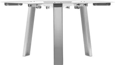 The underside of a table or stand with metal legs.