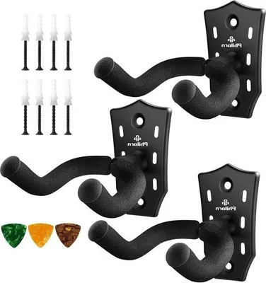 Image de Lot de 2 crochets de suspension pour guitare - Supports muraux pour guitares acoustiques et électriques, ukulélés, basses et violons, noir