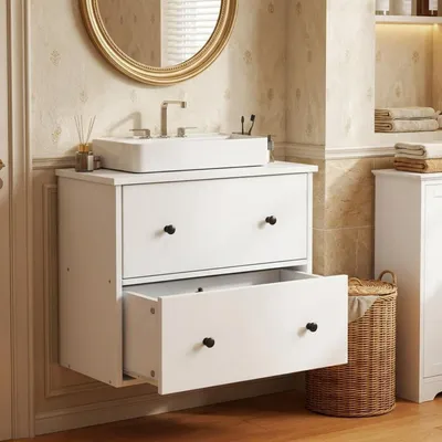 Produktbild von Waschbeckenunterschrank mit Schubladen, Badezimmerschrank, 2 Schubladen, 60 x 30 x 50 cm, Wandmontage, Weiß