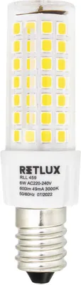 Obrázek produktu pro RETLUX RLL 459 LED žárovka do digestoří příkon: 6 W, patice E14, 220-240V, 3000K - teplá bílá, životnost více než 15 000h, světelný tok: 600 lm