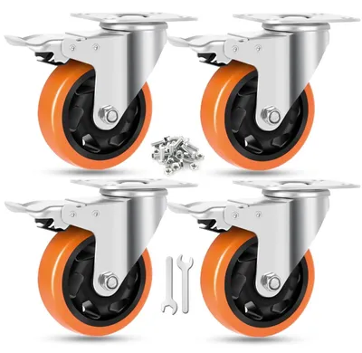 Produktbild von Schwerlastrollen 100mm Flach 360° Polyurethan 540kg Tragfähigkeit 4er Set mit Bremse