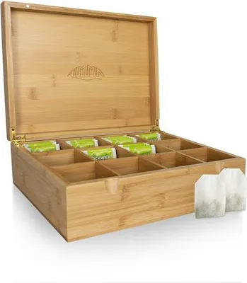 Produktbild von Nimma Teebox aus Bambus mit 12 Fächern – Elegante Teekiste mit Magnetverschluss, Holzkiste für Teebeutel, 29x22x9,8 cm