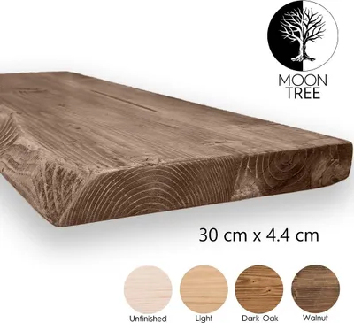A wooden shelf with a live edge, shown at an angle against a white background. Several color swatches are displayed below the shelf.