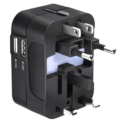 Zdjęcie produktu dla Uniwersalny adapter podróżny z portami USB-C i USB-A, przeznaczony do użytku na całym świecie. Obsługuje gniazda typu EU, UK, US, AU oraz typy A, B, C, G, I. Napięcie: 100-240V. Adapter wielofunkcyjny, czarny, idealny w podróży