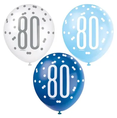Produktbild von 6 Luftballons blau & silber Zahl 80