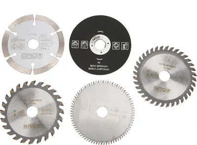 A collection of five circular saw blades on a white background.