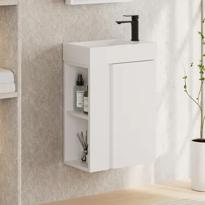 Produktbild von Waschtisch mit Unterschrank 50cm, Armatur Schwarz, Mineralguss NEVO Mattweiß
