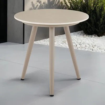 Produktbild von Beistelltisch ROSALIA, Champagner - kleiner Tisch mit runder Keramik- Platte und Gestell aus Aluminium, robust & wetterfest, In & Outdoor