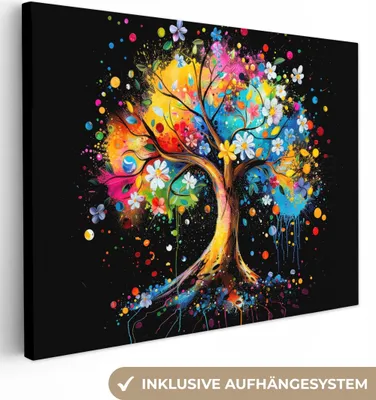 Zdjęcie produktu dla MuchoWow® - Obraz na płótnie - Drzewo - Kolorowe - Kwiaty - Czarny, obraz na ścianę, dekoracja ścienna do salonu, 80x60cm
