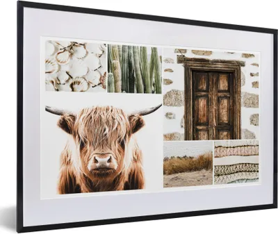 Produktbild von MuchoWow® Gerahmtes Poster Schottischer Highlander - Collage - Weiß - Beige 60x40 cm - Poster mit Schwarzem Bilderrahmen Wandposter Rahmen Foto Bilder - Schlafzimmer - Plakat in Rahmen - Drucken