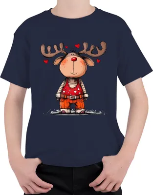 Produktbild von Niedliches Rentier rote Nase Herzen Weihnachten Geschenk Cartoon Uni Kinder T-Shirt, Navy, 140