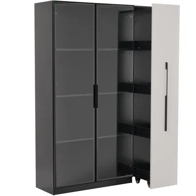 Produktbild von Merax Glasvitrine mit LED, Drei Türen, Auszugsschrank mit Regal, Vitrine Vitrinenschrank, Hochschrank, Bücherregal, 110.5x35x160cm, Schwarz+Weiß