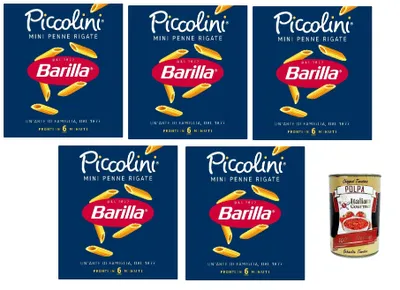 Produktbild von Barilla Piccolini Mini Penne Rigate – Hartweizengrieß-Pasta, kochfertig in 6 Minuten, ideale Bissfestigkeit & Saucenhaftung, Familienformat für schnelle Gerichte, 5x 500 g + Italian Gourmet polpa