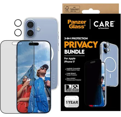 Zdjęcie produktu dla PanzerGlass ® | CARE by ® 3-in-1 Flagship Privacy Bundle iPhone 17, Apple, Apple - iPhone 17, Aplikacja na sucho, Odporny na zadrapania, Odporny na wstrząsy, Przezroczysty, 1 szt.