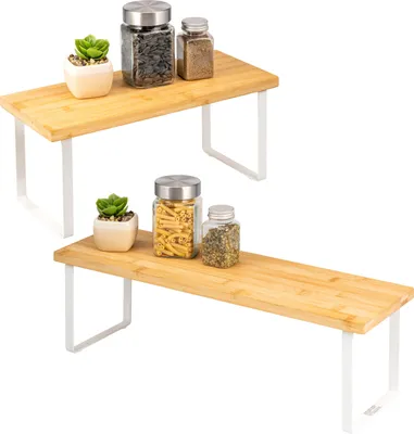 Image de bremermann Étagères à épices, set de 2, étagères de cuisine en bambou et métal blanc, largeur env. 36 & 50 cm