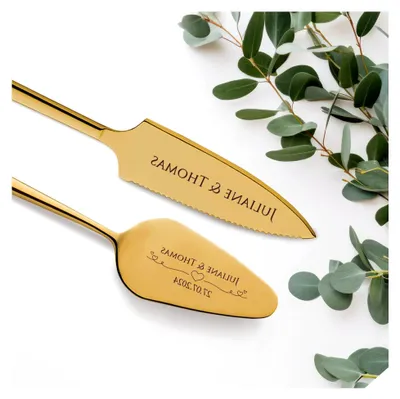 Produktbild von Tortenheber und Tortenmesser mit individueller Gravur - Herzen - Geschenk zur Hochzeit - Edelstahl - Spülmaschinengeeignet - Hochzeitsgeschenke für das Brautpaar - Gold