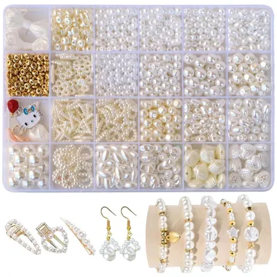 Produktbild von Perlen Set zum Armbänder Selber Machen, DIY Schmuck Bastelset für Mädchen & Erwachsene, Weiße Perlen zum Auffädeln für Armband, Halskette