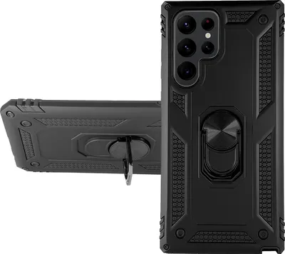 Produktbild von RING HÜLLE Armor für Samsung Galaxy S22 Ultra Handy Outdoor Case Ständer Cover Bumper Finger-Halterung 360 Grad drehbarer Ring Silikon Kunststoff Schwarz Handyhülle für magnetische KFZ Halterung