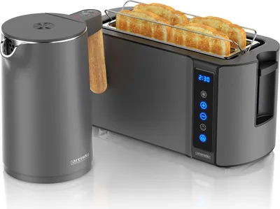 Produktbild von Arendo Frühstücks-Set Edelstahl, Wasserkocher mit Temperatureinstellung 1,5l, 4 Scheiben Langschlitztoaster, 4 Scheiben Toaster, Brötchenaufsatz, Touch, Cool Grey