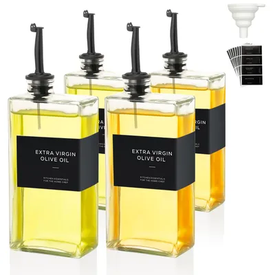 Image de VINATO, ensemble de 4 bouteilles pour huile et vinaigre, capacité de 500 ml, ensemble de distributeurs d'huile et de vinaigre, comprenant 1 entonnoir et 36 étiquettes. Idéal pour la cuisine, les cafés et les bars