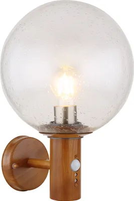 Produktbild von Globo Lighting Außenleuchte Aluminium Druckguss Holzoptik, Edelstahl, Glas klar mit Luftblasen, Richtung Lichtschein: aufwärts, Sensor inkl., IP44, ø: 250mm, H: 370mm, AL: 265mm, exkl. 1x E27 LED 15W 230V