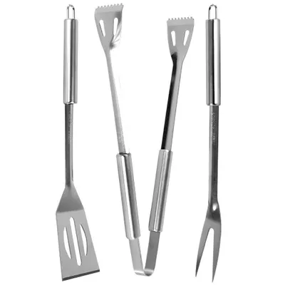 A set of four stainless steel grilling utensils, including a spatula, tongs, and a fork, arranged vertically against a white background.