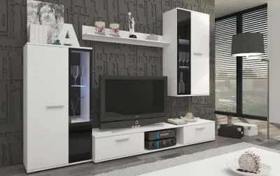 Productafbeelding van ANMIL Meubelset NR5, wit, mat. Woonkamerwand met TV-meubel, dressoir en garderobekast met 3 deuren. Moderne meubelset voor woonkamer en slaapkamer
