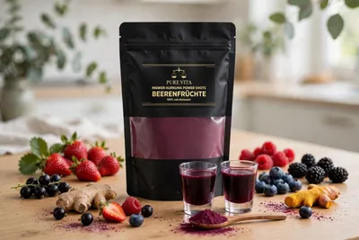 Immagine prodotto di Pure Vita, integratori a base di zenzero e curcuma, gusto frutti di bosco, ciclo di 30 giorni, 100% polvere naturale