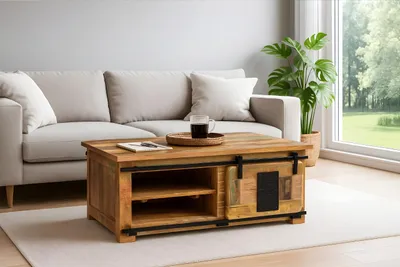 Produktbild von Couchtisch Libro, Mangoholz massiv + bunt, Sofatisch mit Holzschiebetür & 3 offenen Fächern, Türelemente & Reling aus Eisen, 110 x 45 x 70 cm, Shabby Chic