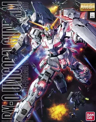 A detailed illustration of a Gundam robot in a dynamic pose against a cosmic background with explosions and smaller robots.