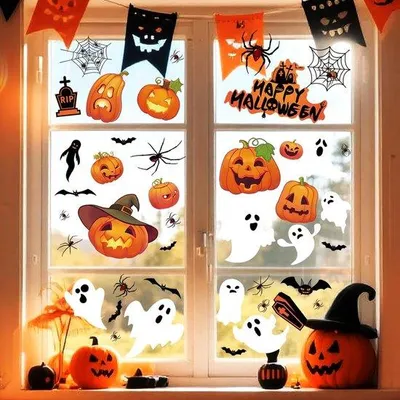 Zdjęcie produktu dla Zestaw naklejek na okna na Halloween z Pumuckelami i duchami – akcesoria imprezowe, dekoracje do wnętrz i na zewnątrz