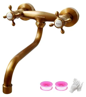 Produktbild von Vintage Küchenarmatur Wandmontage, Wasserhahn für die Küche aus antikem Messing, 360° drehbar, Doppelgriff Spültischarmatur mit langem Auslauf für Badezimmer, Badewanne und Waschküche