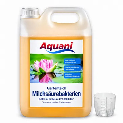 Aquani Milchsäurebakterien, 5,5-Liter-Kanister mit aktuellem Vorderetikett und Messbecher, KI-generiertes Bild