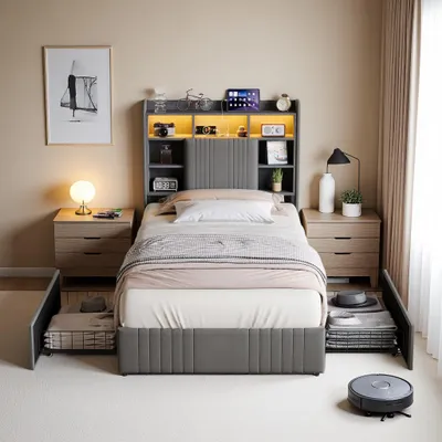 Image de Lit simple 90x200 cm avec éclairage LED et 2 tiroirs