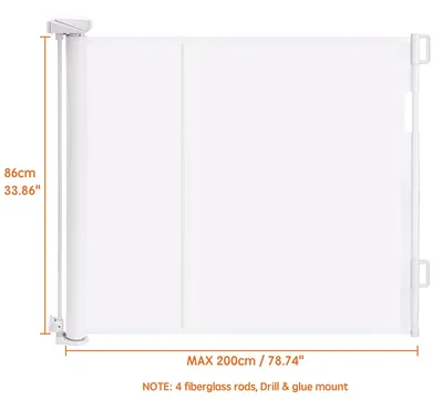 Immagine prodotto di Barriera di sicurezza per bambini, adatta per scale e porte, extra larga (86–200 cm), ideale per bambini e animali domestici. Sistema di protezione a rete senza necessità di foratura, con doppia chiusura e sistema di apertura automatica