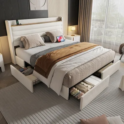 Productafbeelding van AIORBER bedframe, 160 x 200 cm, met hoofdeinde met opbergruimte, voorzien van een USB-aansluiting en 4 lades, ijzeren en houten frame, fluweel, gestoffeerd bed, geschikt voor een tienerkamer