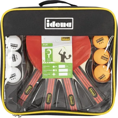 Produktbild von Idena 40222 - 12-teiliges Tischtennis Set Profi inkl. 4 Tischtennisschläger, 8 Tischtennisbälle in Weiß und Orange in 3-Stern Qualität, verpackt in einer Tragetasche